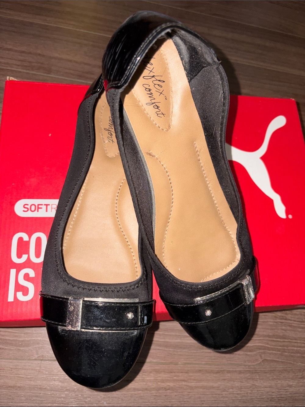 DexFlex Comfort Black Women's Slip-On Ballet Flats with Shiny Buckle